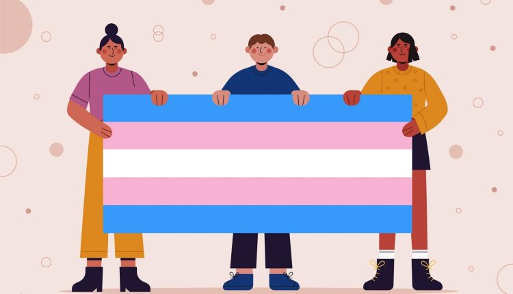 Visibilidade trans: ilustração com pessoas e a bandeira da causa