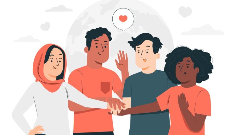 Ilustração com quatro pessoas de raças diferentes unindo as mãos em sinal de amor