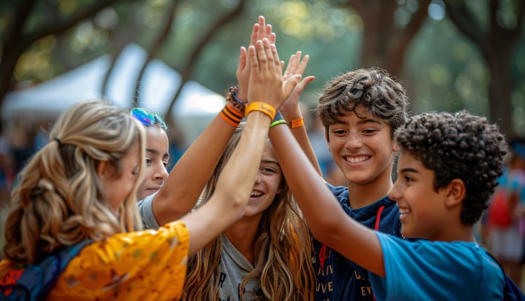Cinco adolescentes sorrindo e unindo as mãos em um cumprimento no alto