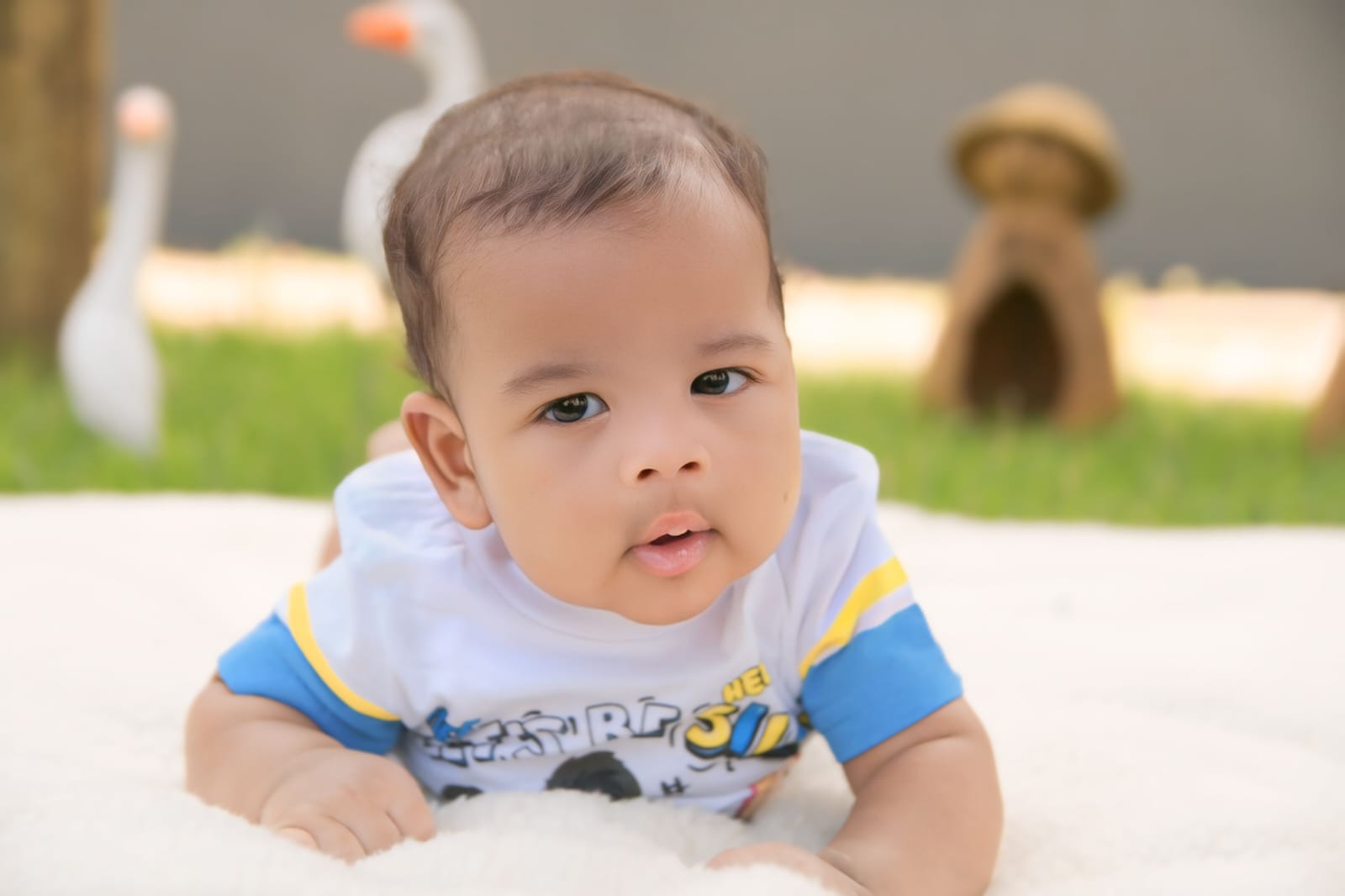 Foto de bebê deitada de barriga para baixo e olhando para a câmera em um cobertor branco esticado na grama
