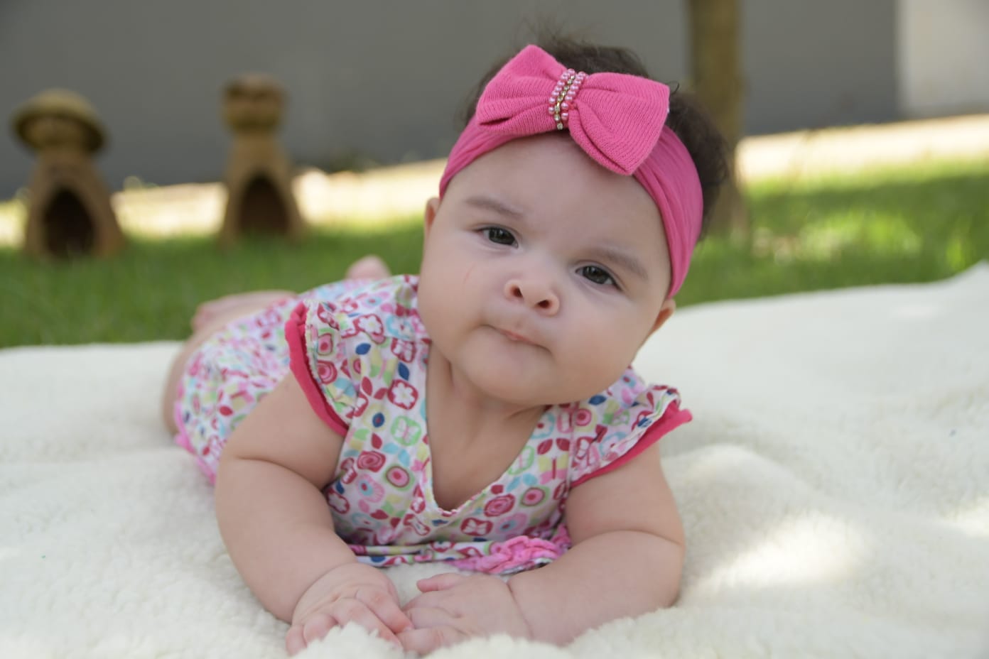 Foto de bebê deitada de barriga para baixo e olhando para a câmera em um cobertor branco esticado na grama